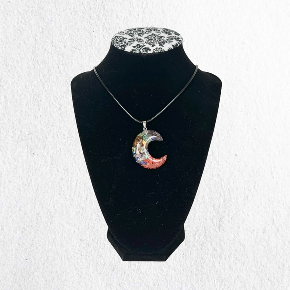 Handmade Resin Moon Shaped Multi Colored Stone Necklace - Picture 1 of 3